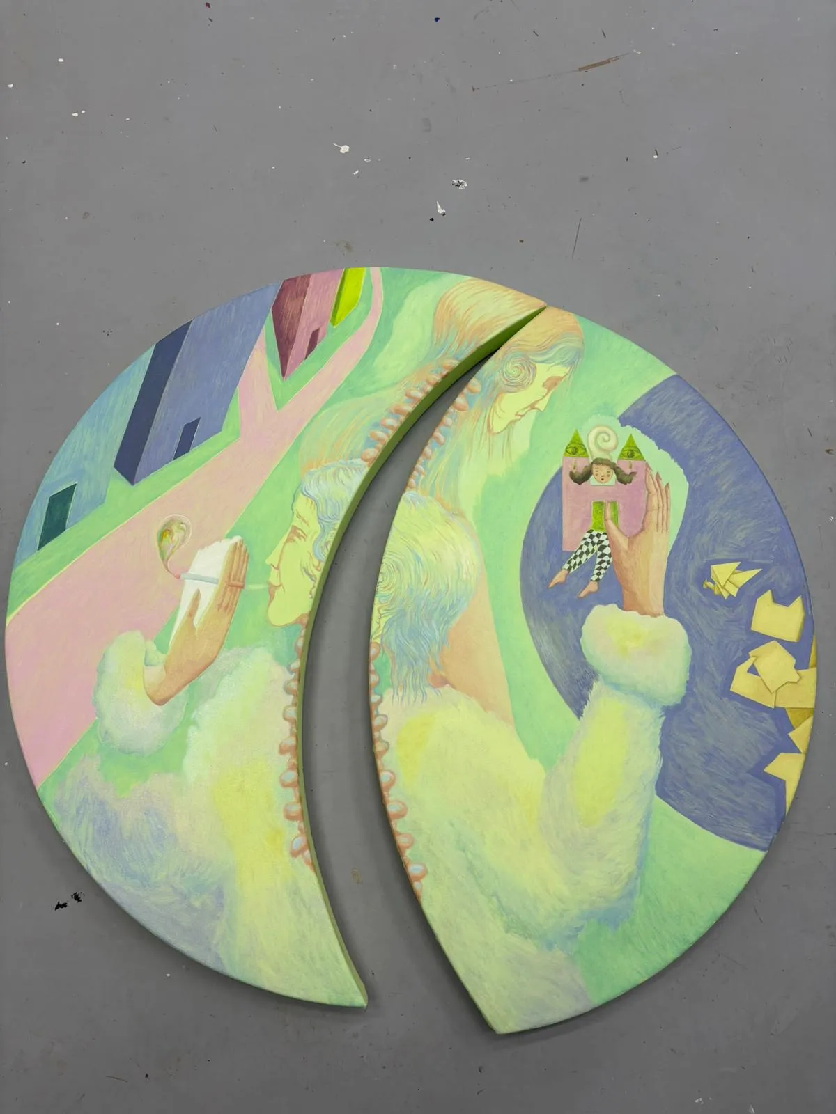 Not Yet a Story, 102 cm diameter, oil on self-constructed canvas